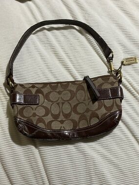 Coach Brown Signature Canvas Mini Bag with Dark Brown Leather Trim